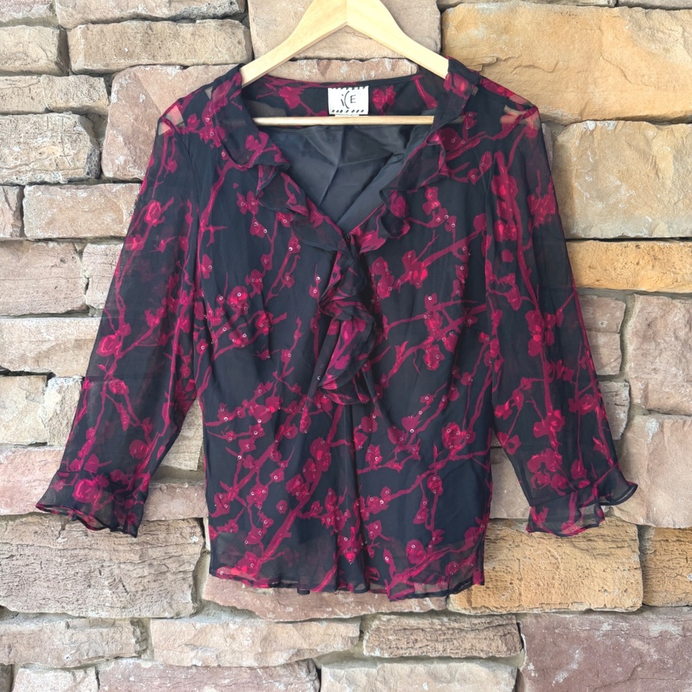 VTG Y2K ICE Women XL Silk Blouse Floral Ruffle Sequin Sheer Top Dark Romantic
